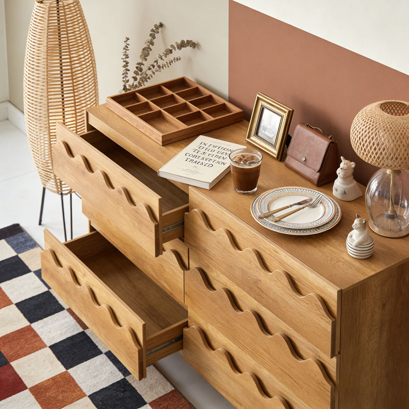 60" Length 6 Drawer Dresser with Wave Front Design, Oak