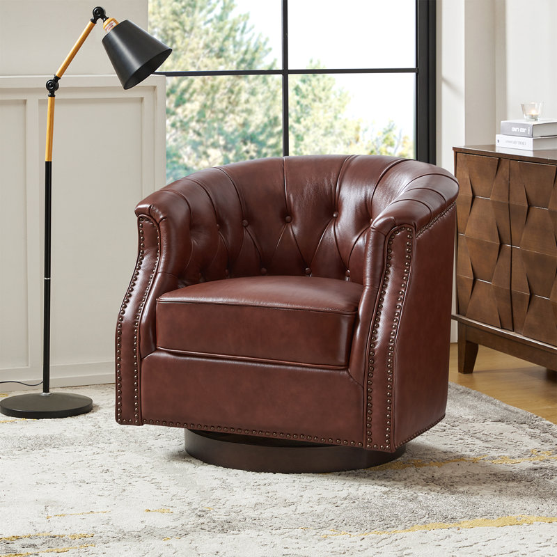 Nixmary 32" W Genuine Leather Swivel Rocker Chair , Brown Genuine Leather