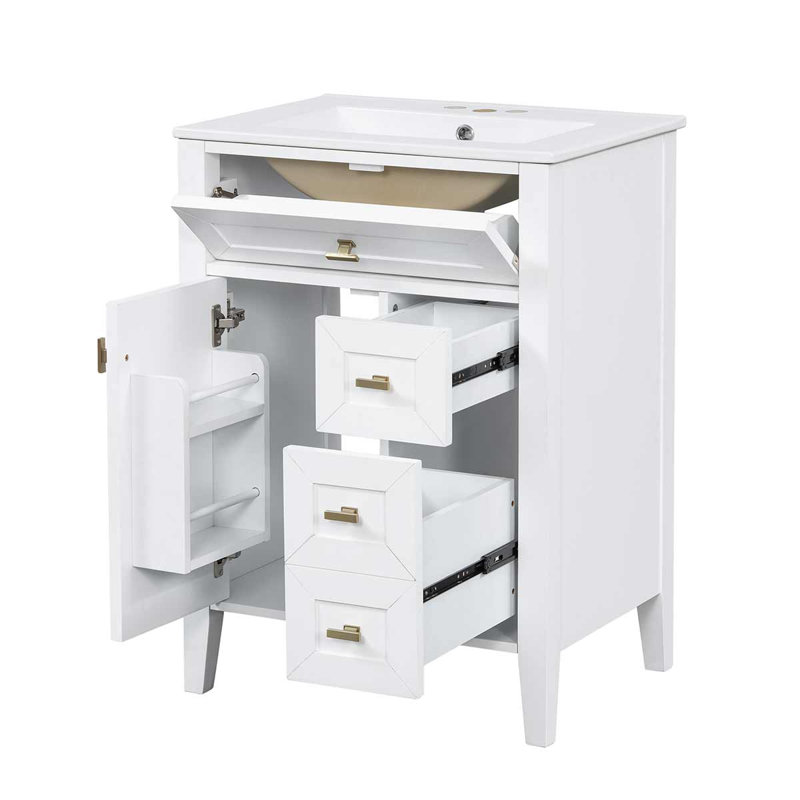 Meuble-lavabo moderne 24 po avec lavabo en céramique, armoire avec porte à 2 niveaux pour salle de bain, Blanc