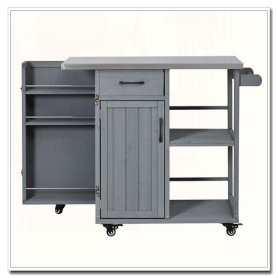 Outdoor Kitchen Island Fir Wood Prep Station Lockable Kitchen Cart with Stainless Top, Ample Storage Space
