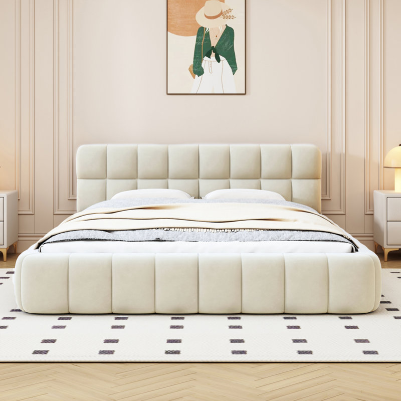Upholstered Bed, Beige, Beige