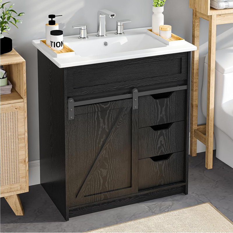 Ensemble de meuble-lavabo simple 30 po avec porte de grange et 3 tiroirs Farmhouse, Noir, Triple