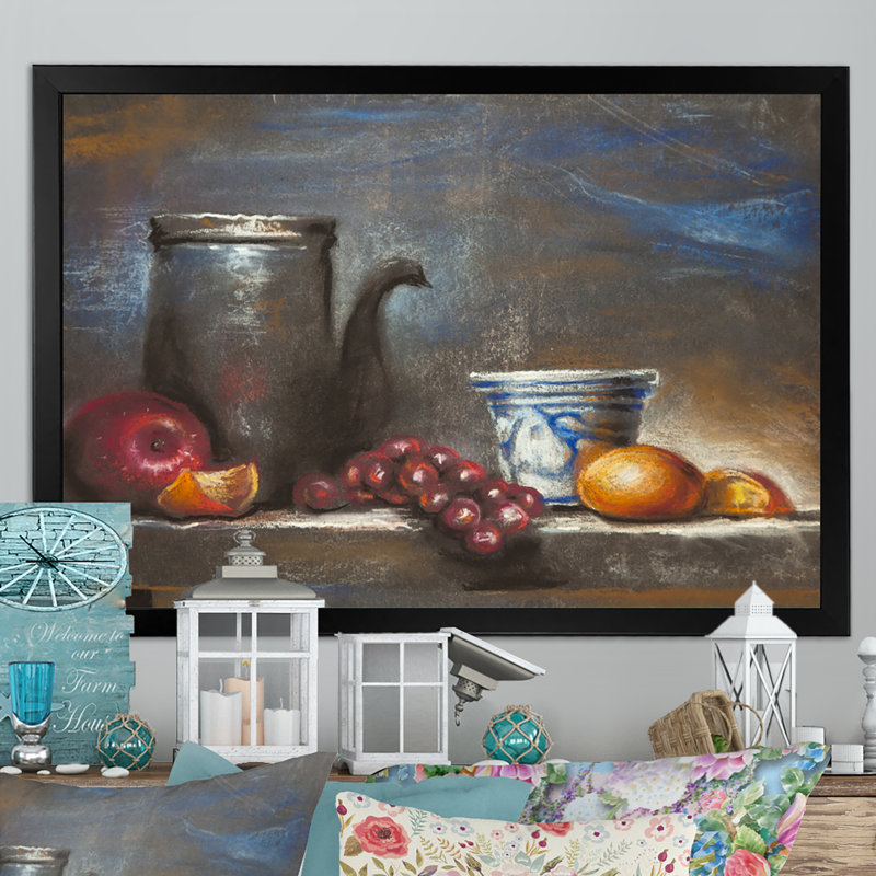 Nature morte aux fruits - Peinture sur toile encadrée, Cadre photo noir, H 8 po x l 12 po x P 1 po