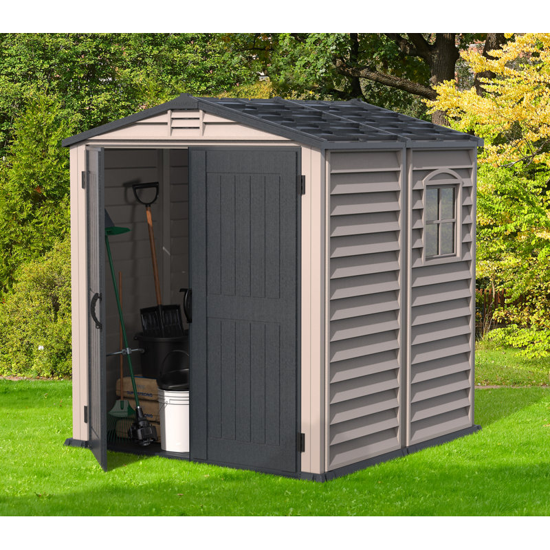 Gray Vinyl Resin Storage Shed with Shelving and Windows