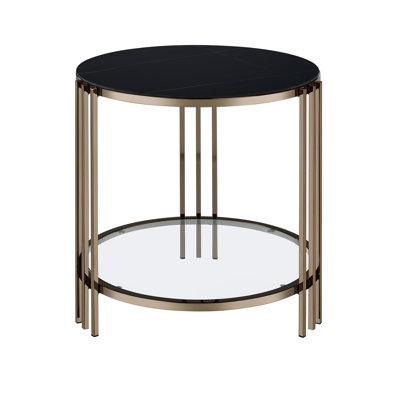 Sintered Stone & Champagne Finish Deck Table, And Chic, 1 Shelf, 23In X 24In, Black Veranda