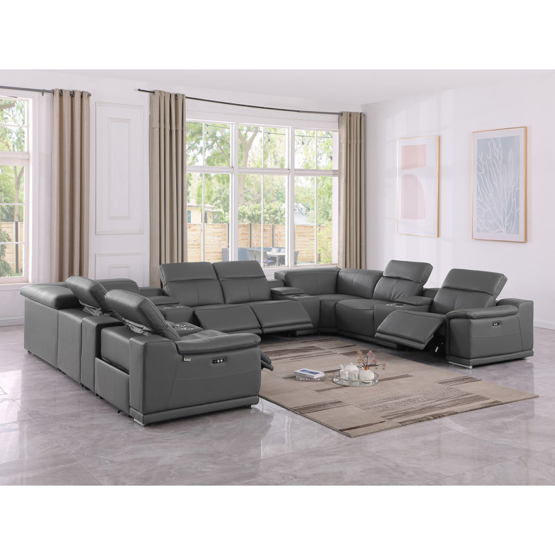 Kitanna 12 Piece 4 Power Recliner Top Grain Italian Leather Sectional, Dark Gray Genuine Leather