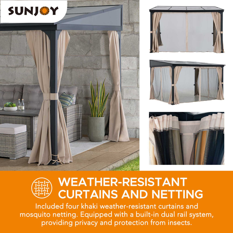 Sunjoy 10 x 12 ft Black Aluminum Wall-Mounted Gazebo with Curtains