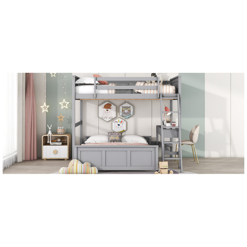 Lit double superposé au dessus d'un lit double avec bureau, gris