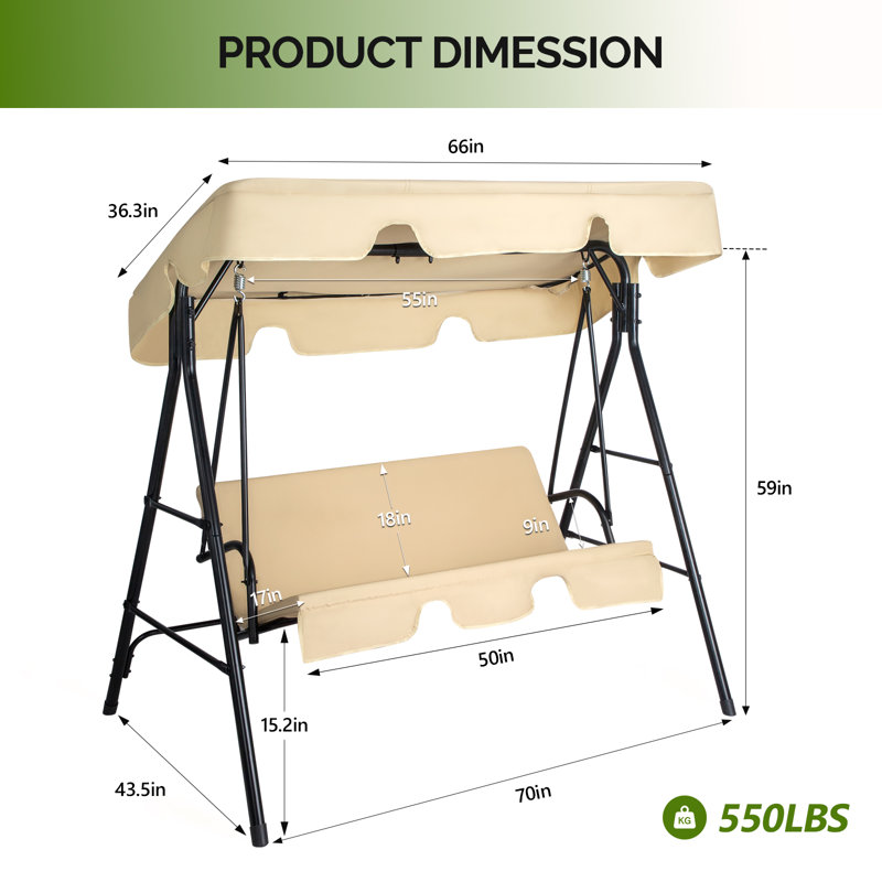  Ensemble de balançoire de véranda en métal pour 2 personnes avec coussin et auvent réglable beige, Beige