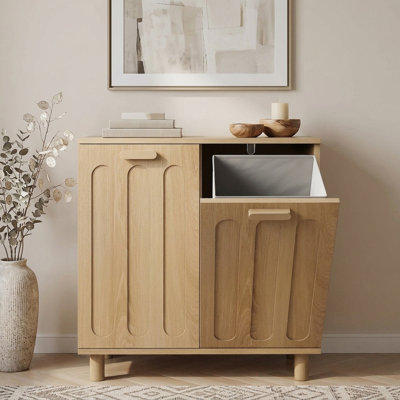 13.78" W Concealed Freestanding Tilt-Out Laundry Cabinet with 2 Removable Baskets Oak Finish Mdf