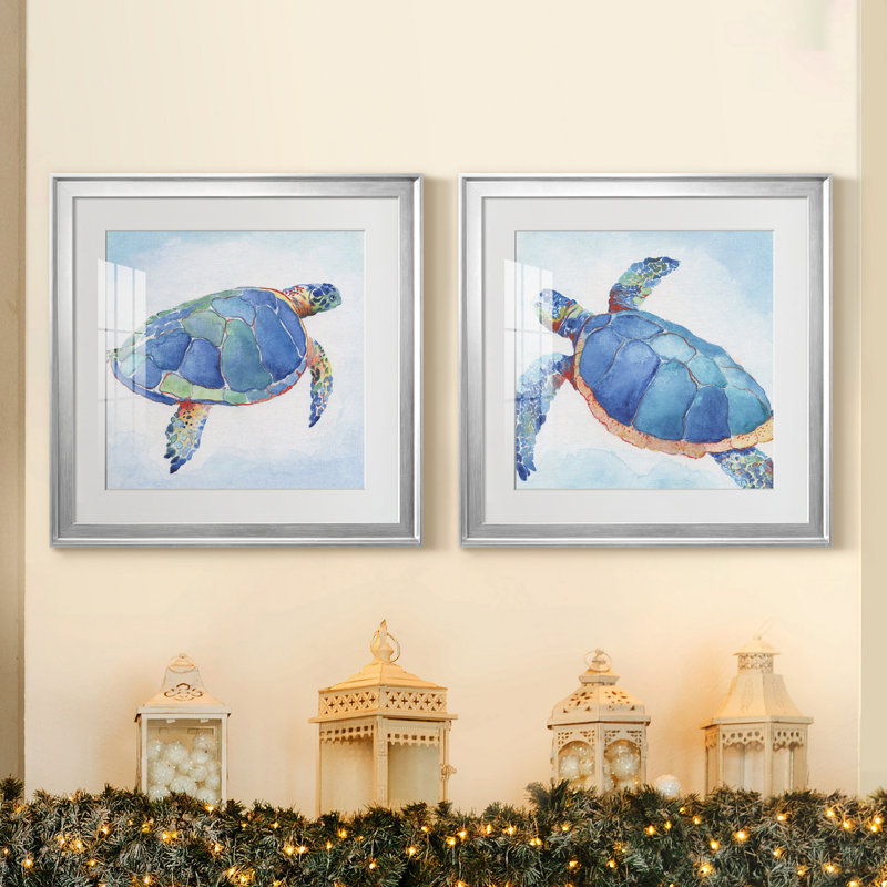 «Galapagos Sea Turtle I», ensemble de 2 reproductions d'art, H 17,5 po x l 35 po x P 1,5 po, Papier avec cadre argenté, Blanc