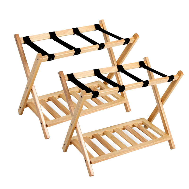 Porte-bagages pliable en bois avec tablette, Naturel, Ensemble de 2