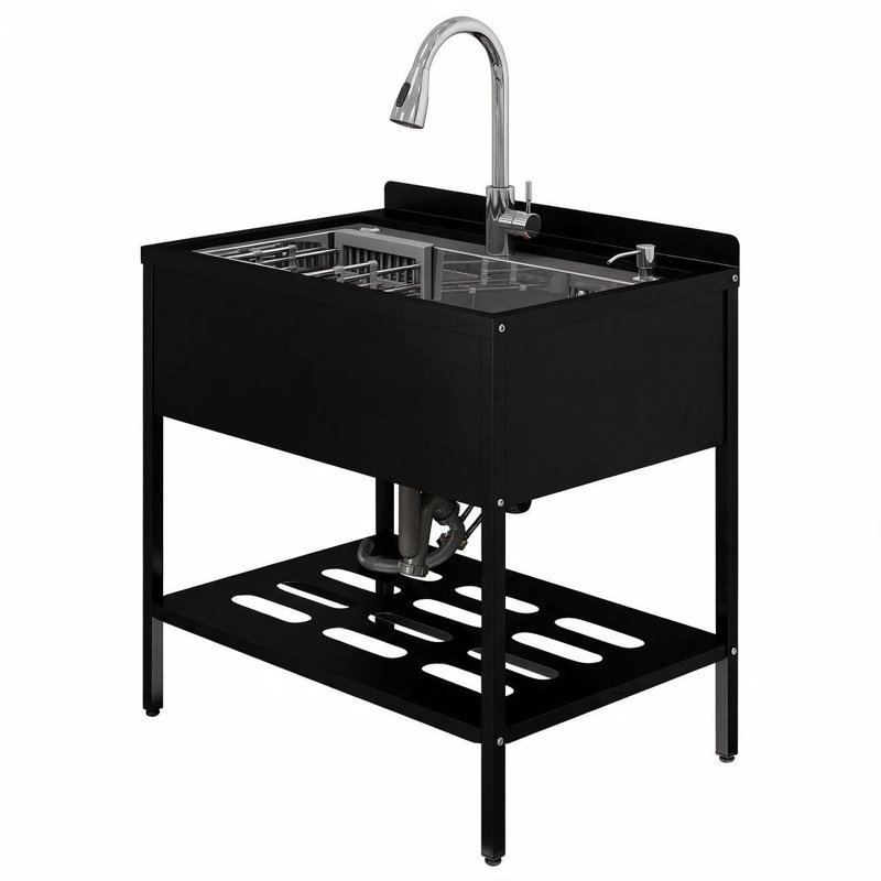 Évier de service autoportant 22,05 po x 32 po, lavabo d'extérieur à cuve simple en acier inoxydable 304 avec robinet rétractable