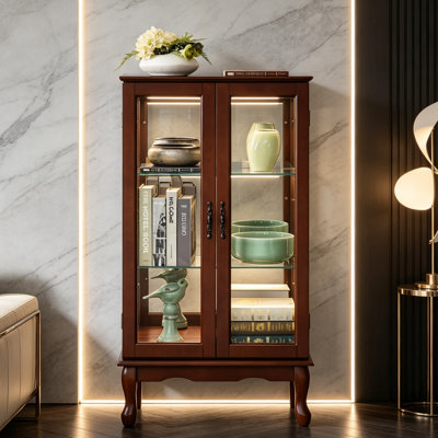 Vitrine lumineuse avec portes en verre, vitrine de collection au fini noyer avec tablettes réglables et dossier en miroir