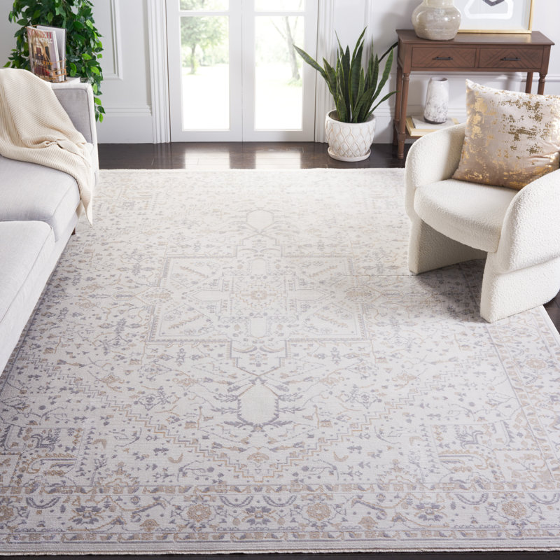 Tapis oriental gris en polyester / ivoire tissé à la machine, Rectangle 8 pi x 10 pi