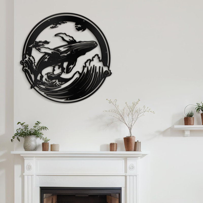 Décoration murale en métal Whale Ocean, H 30 po x l 30 po x P 0,05 po, Noir