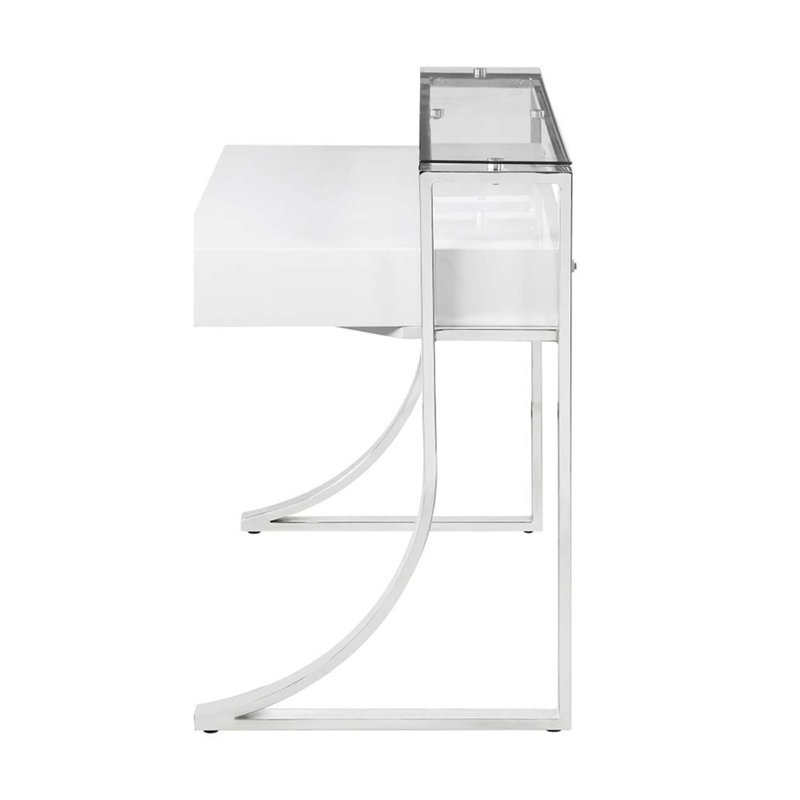 Bureau d'écriture à 2 tiroirs, brillant et chrome