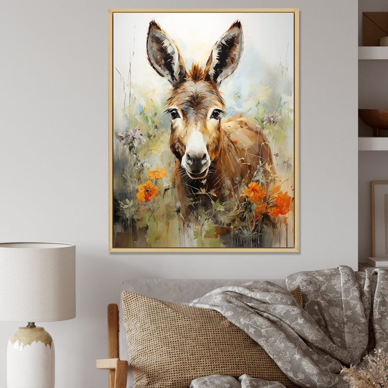 Donkey Flower Meadow - âne, art mural, H 32 po x l 16 po x P 1 po, Cadre flottant brun