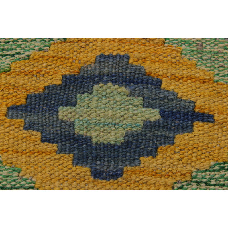 Tapis géométrique vert / brun / rouge en laine fabriqué à la main 6 pi 8 po x 9 pi 9 po Madee