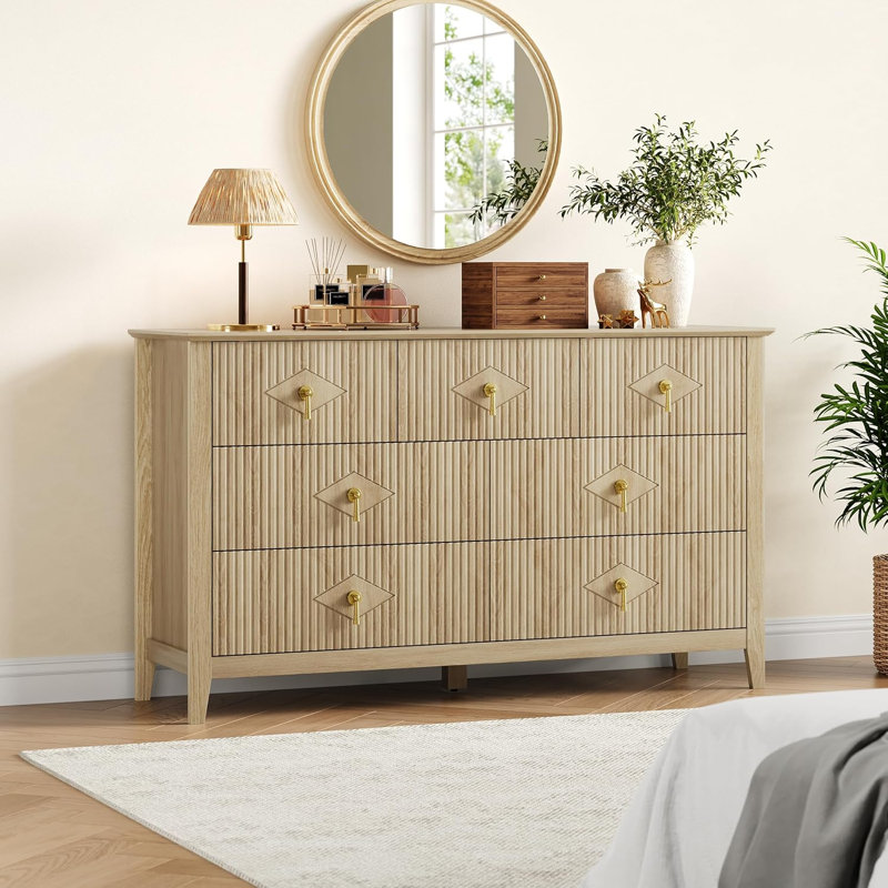 54" Wide Fluted 7-Drawer Modern Wooden Dresser, Yellow