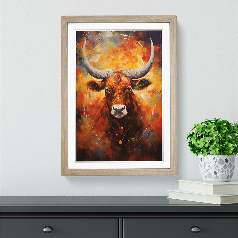 Taurus Zodiac Action Painting - Single Picture Frame Print on Wood, Oak, 34" H x 25" W x 2" D