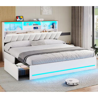 King Size Upholstered Bed Frames With Stylish Bookcase Headboard