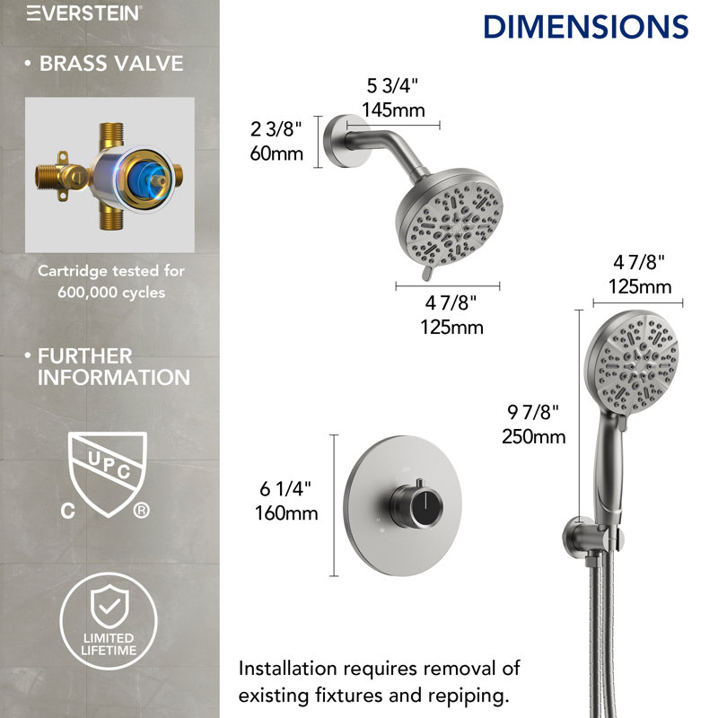 Dual-Function Shower Faucet System, Showerhead and Hand Shower with 5 Spray Settings, Brushed Nickel