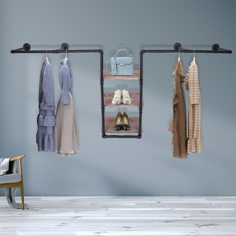 Anishka 86.61'' Wall Mounted Clothes Rack, Black/Wood