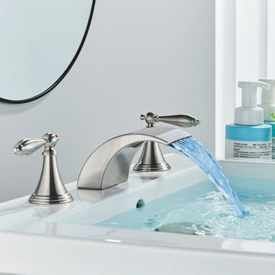 LED Waterfall Bathroom Faucet 3 Holes Sink Vanity Faucet 2Handle Brushed Nickel