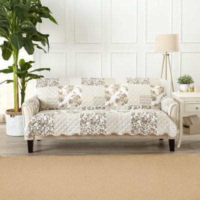 Housse de canapé réversible en patchwork - Housse de protection de meuble lavable avec sangles élastiques - Parfait pour les enfants et les animaux de compagnie - Détails surpiqués (taupe)