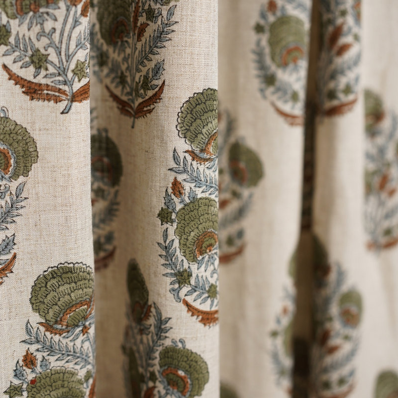 Artistic Block Print Linen Curtain Nature-Inspired, Mohini, Green, 54" W x 24" L
