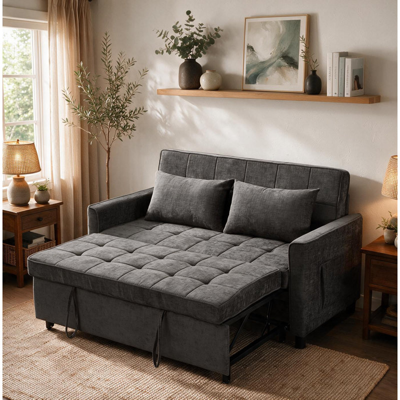 Canapé-lit rembourré 56,9 po avec port USB et poche latérale, Gris
