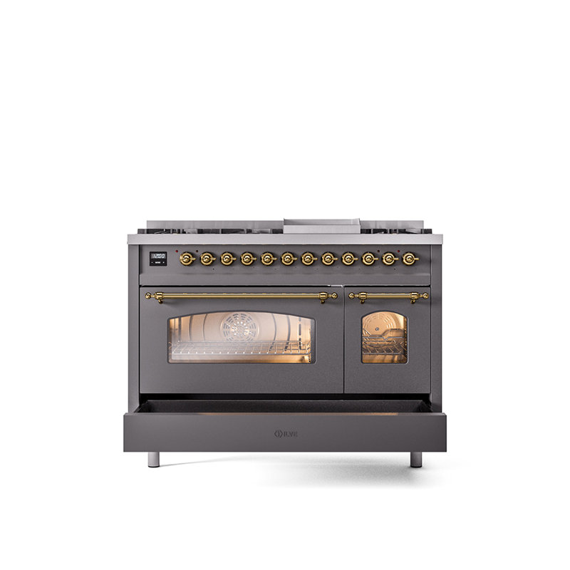 ILVE Nostalgie II 48 Dual Fuel Range , Graphite Matte/Brass, Natural Gas