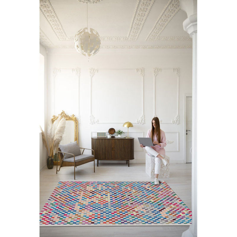 Multicolor Geometric Pattern Modern Machine Washable Decorative Rug, Rectangle 4'7" x 6'7" Rug Pad Included