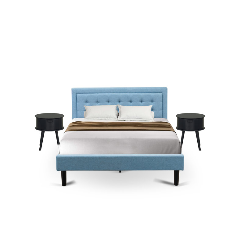2-Piece Platform Bedroom Furniture Set with 1 Platform Bed and a Wood Nightstand - Reliable and Durable Manufacturing - Denim Blue Linen Fabric