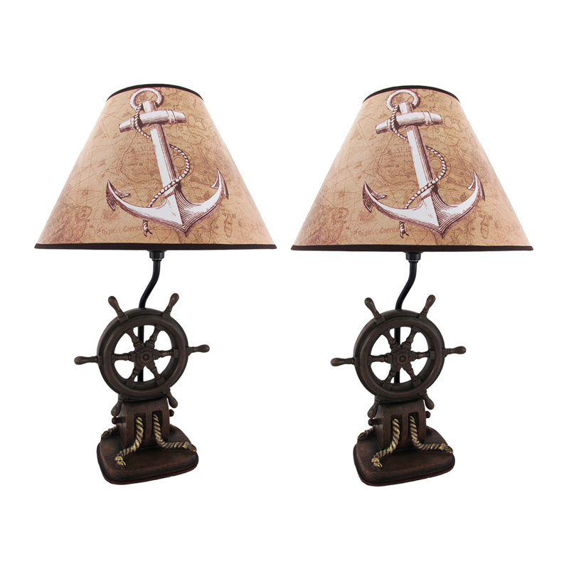 Albee coastal Captain's Destiny brown cold-cast resin set of 2 ship wheel table lamps with anchor and world map shades — 19 inches high