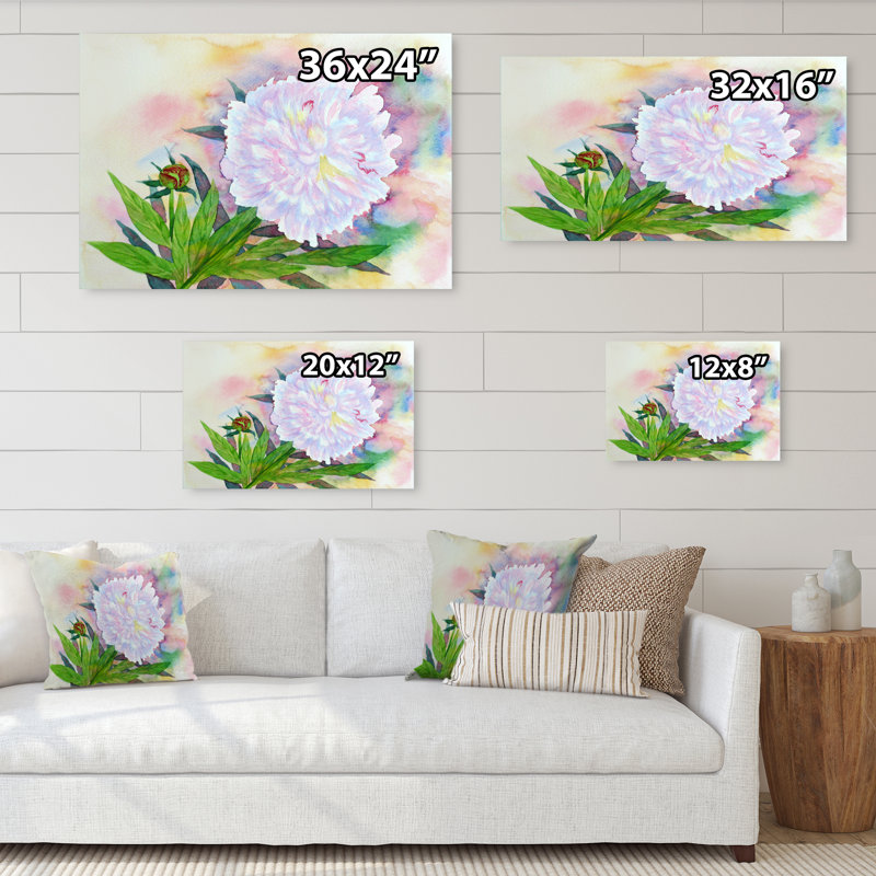 Pivoine blanche en été - reproduction sur toile avec cadre flottant, H 24 po x l 36 po x P 1 po, Toile tendue