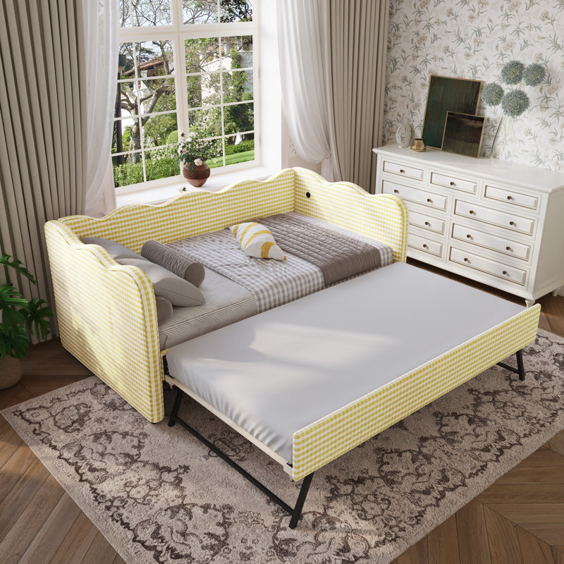Linen Upholstered Gingham Daybed With Trundle, Usb Charging Port & Wave-shaped Design, No Box Spring Needed, Yellow