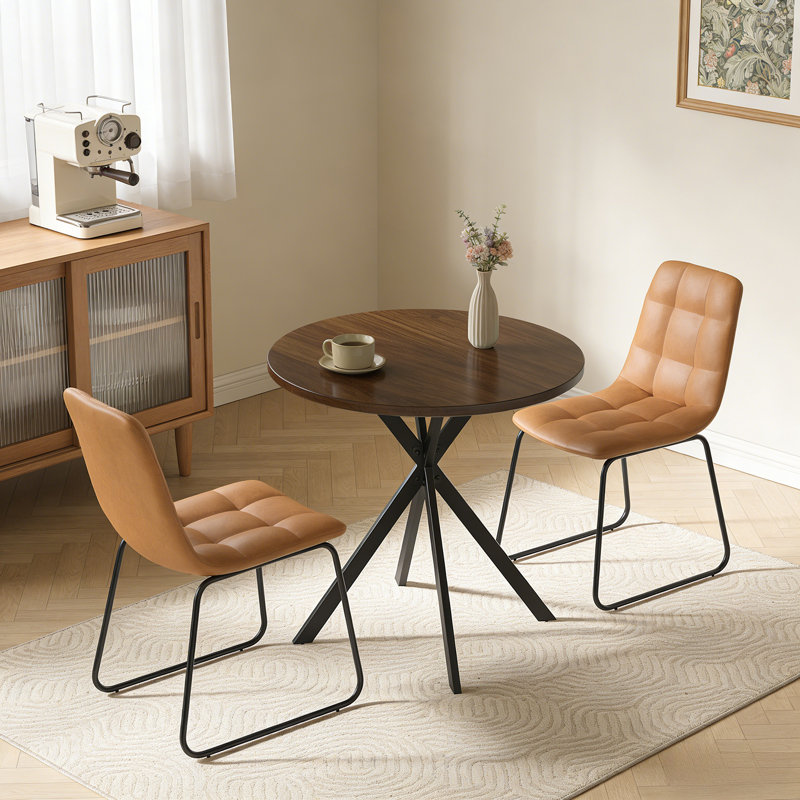 31.5 Inch Round Dining Table And Chairs For 2, Space Saving Modern Casual Coffee Table Set For Apartment Kitchen Dining Room Walnut Table & 2 Brown Chairs