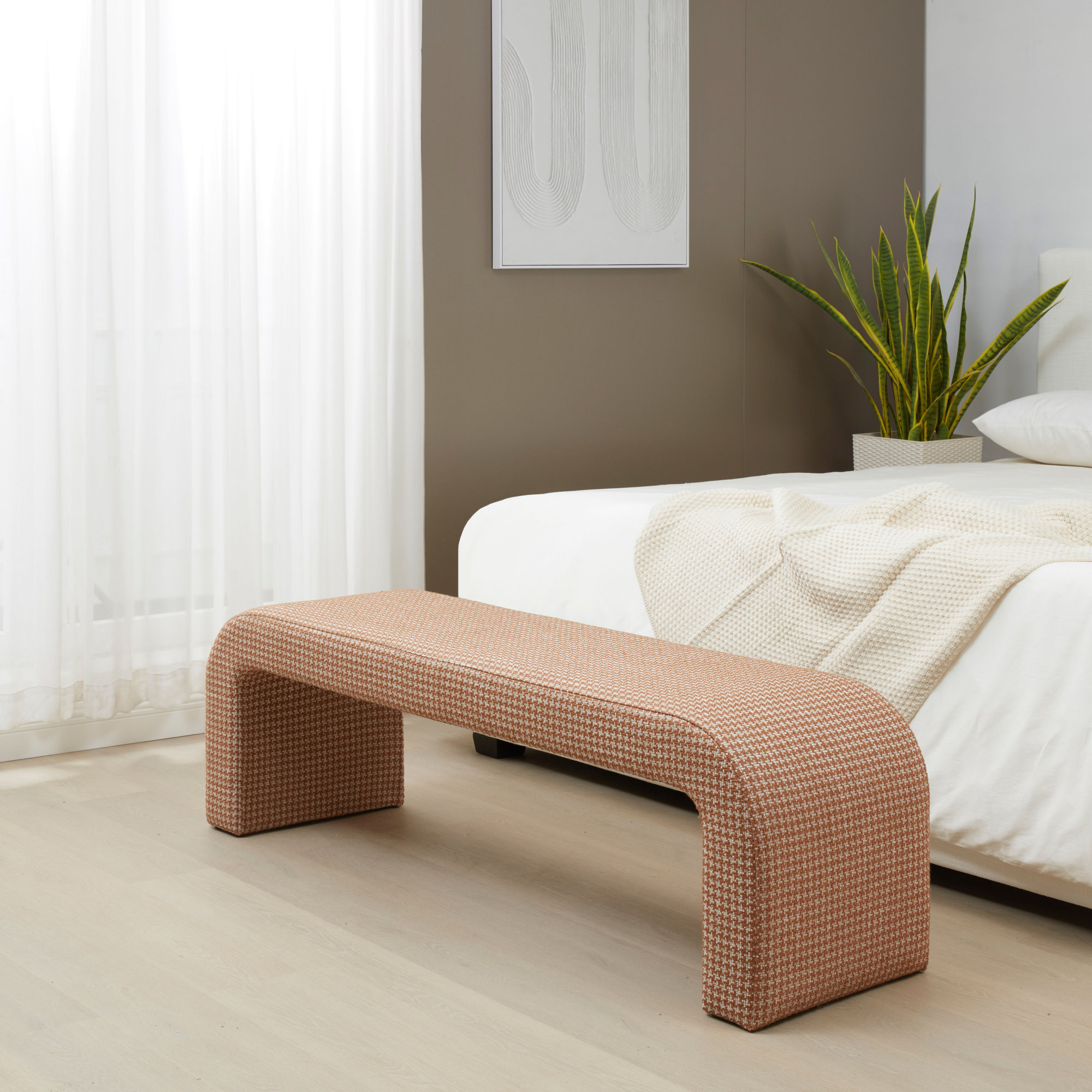Daine 62" Upholstered Bench, Brown Houndstooth