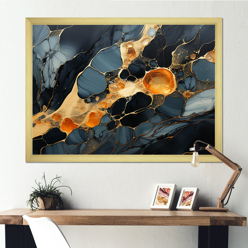 Pierre de protection noire obsidienne sur toile, Cadre doré simple, H 24 po x l 32 po x P 1 po