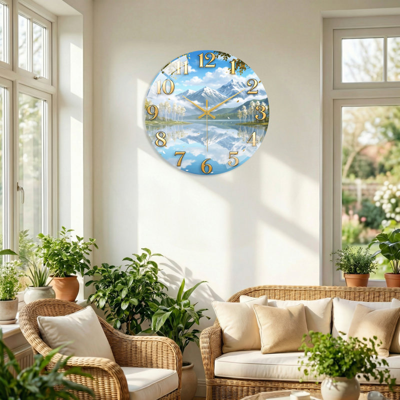 "Mountain Lake", horloge murale en verre, 60 x 60 cm (23,6 x 23,6 pouces)