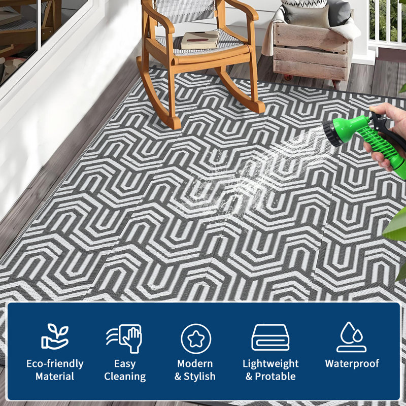 Reversible & Collapsible Outdoor Plastic Area Rug - Modern Abstract Low-Pile Carpet, Mark Resistant, Easy Clean for Patio, Camping, Picnic, RV
