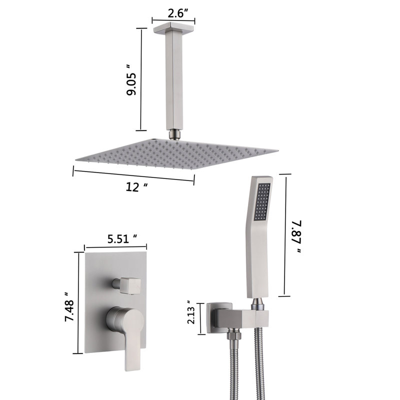 Ensemble de douche à pluie 12 po avec ensemble de fixation murale, en acier inoxydable, équilibré, à jet standard et à fixation murale