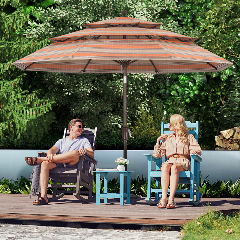 Parasol de marché à 3 niveaux en oléfine de 2,74 m (9 pi), avec inclinaison et levage à manivelle., Rayure Canyon