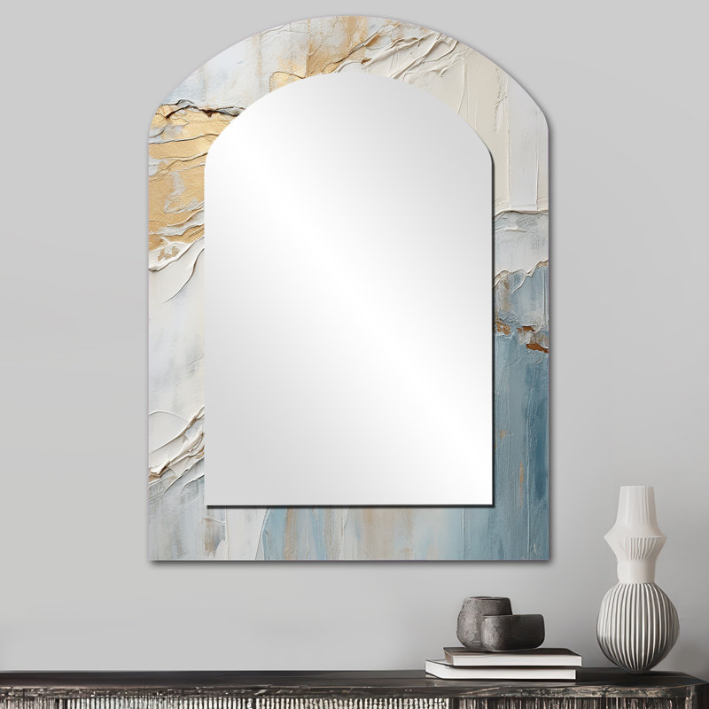 Minimalism Beige And Grey Wave Horizon II - Coastal Irregular Shape Unique Wall Mirror, Beige Asymmetrical Mirror, Printed Metal Art