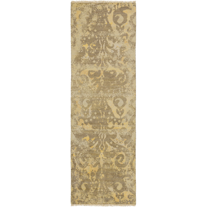 Tapis oriental en laine noué à la main kaki / brun clair Dib, Tapis de couloir 2 pi 6 po x 8 pi