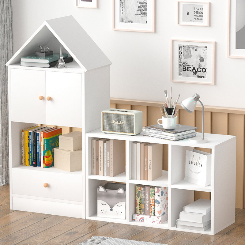 Bibliothèque polyvalente pour enfants avec un design en forme de maison, un rangement multifonctionnel pour les livres et les jouets, un emplacement réglable, un organisateur durable pour enfants pour la salle de jeux ou la chambre à coucher Assemblage