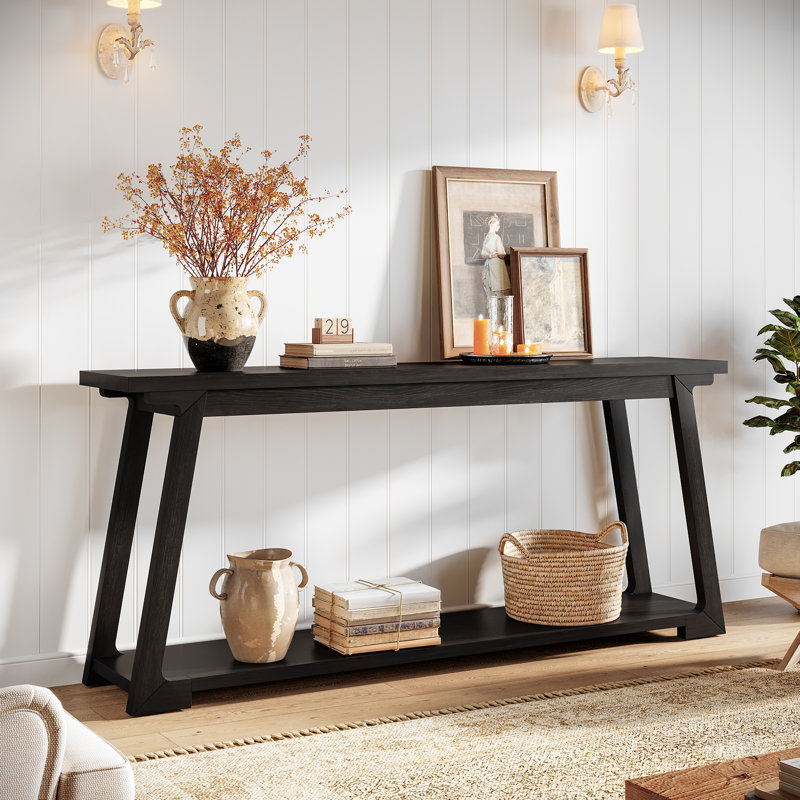 62.99" Solid Wood Sofa Console Table With 2-Tier Storage Shelves For Living Room, Entryway, Black