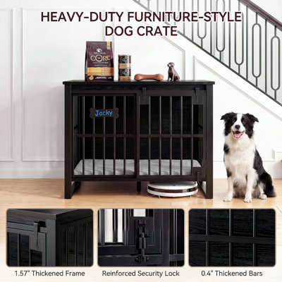 Cage pour grand chien avec porte coulissante – Niche robuste en bois avec accès par l'avant et le côté (2 portes), table d'appoint pour chien moyen à grand (noir)